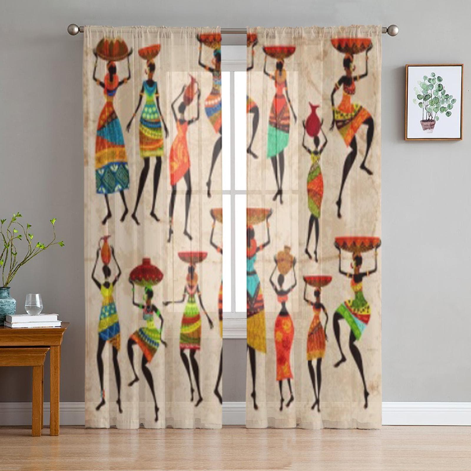 Retro Beautiful African Women Chiffon Sheer Curtains for Living Room Bedroom Kitchen Decoration Window Voiles Tulle Curtain 135W x 114H(cm)