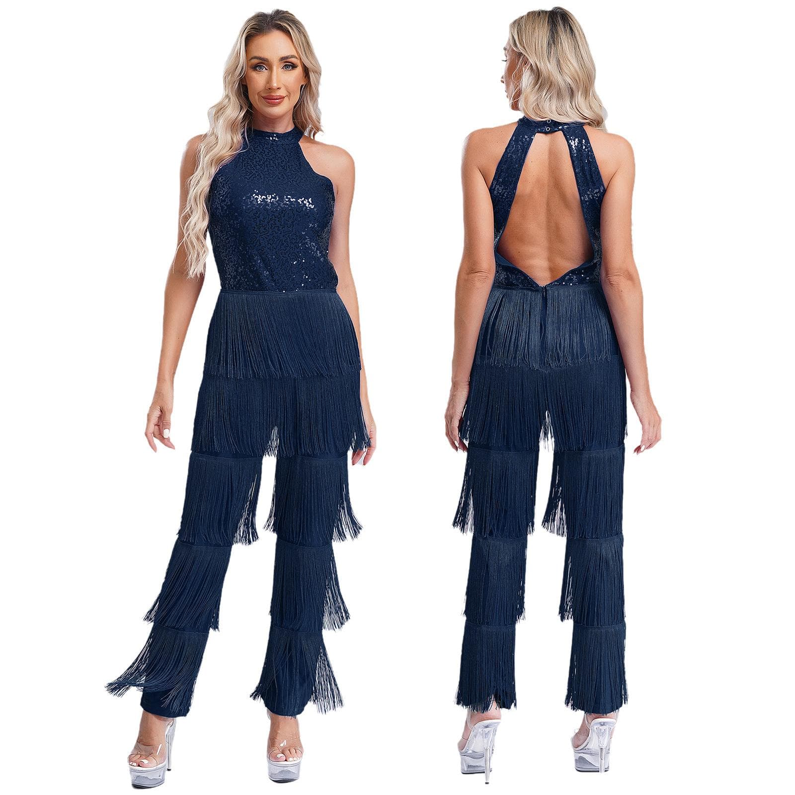 Women Sleeveless Jazz Costume Flowy Tassel Rompers Performance Dancewear Fringe Jumpsuit Tango Cha-Cha Samba Dancing Party Dress 3XL navy blue