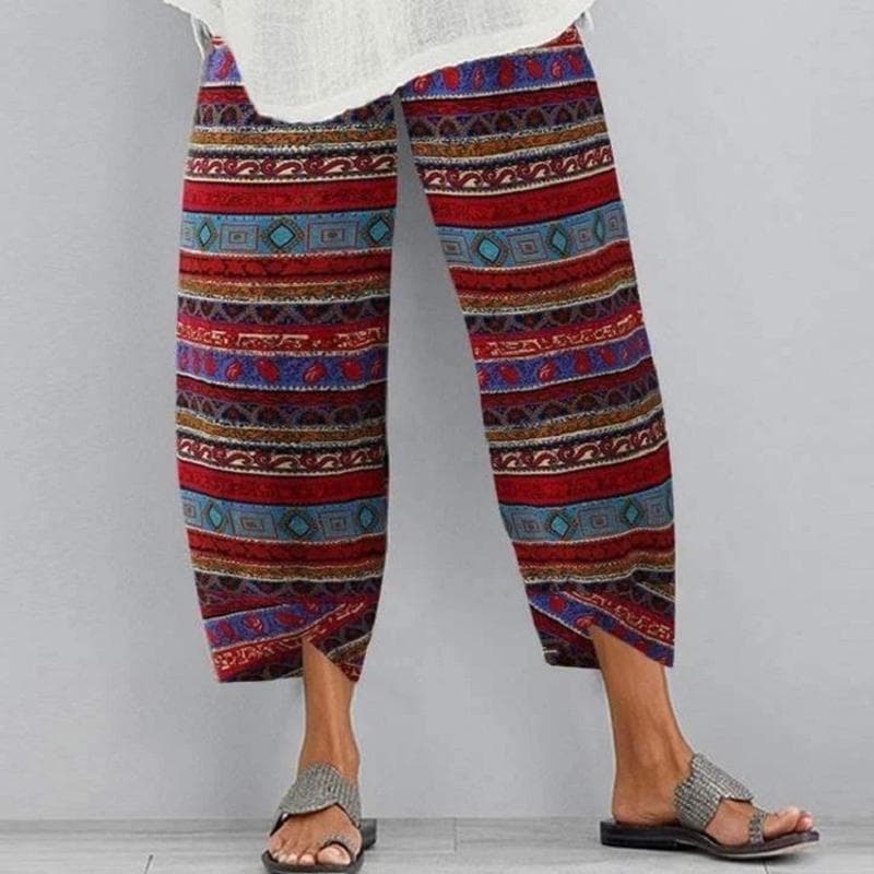 Women Vintage Harem Pants Floral Print Elastic Waist Plus Size Loose Trousers Cotton Linen Wide Leg Pant Loose Summer Pants XXXL brown