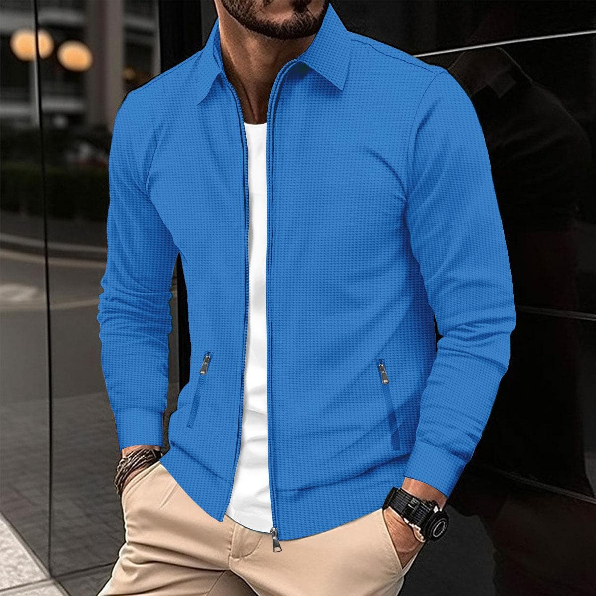 Jacket Men's Spring and Autumn Youth Waffle Zipper Pocket Lapel Slim Cardigan Men's Jacket Outer M