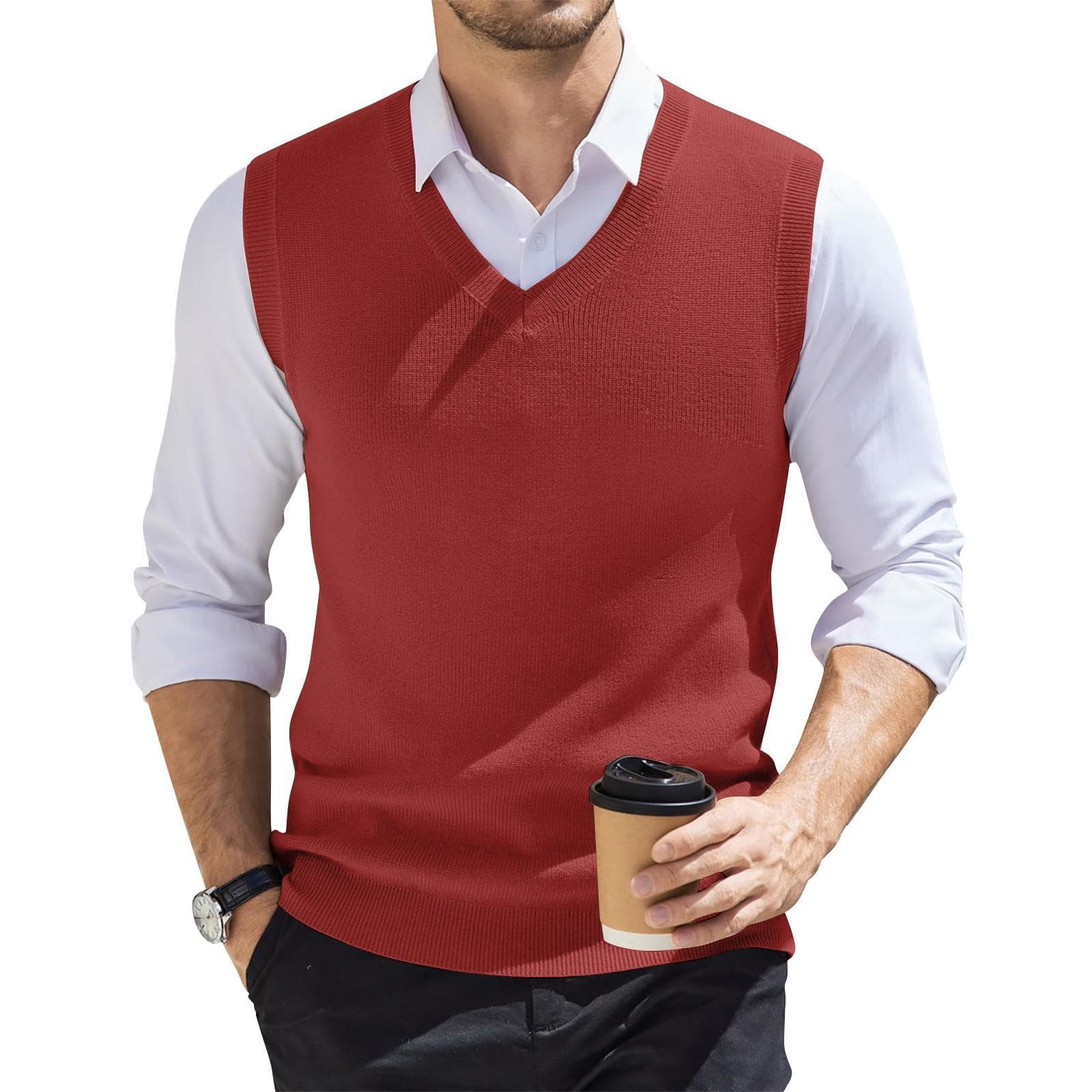 Men's V-neck Vest Sleeveless Knitted Pullover XXXXL red