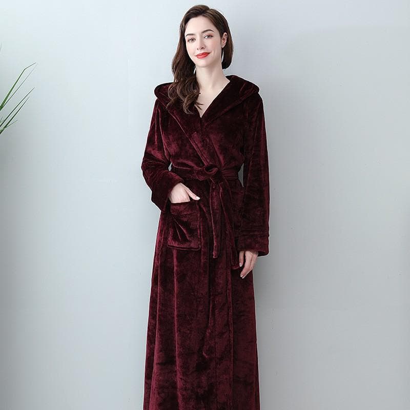 Extra Long Winter Coral Fleece Bathrobe Women's Hooded Warm Kimono Bathrobe Comfortable Kimono Shower Robe Loose XL