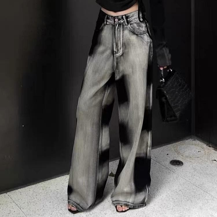 Retro Gradient Tie-dye Straight Jeans for Women In Autumn and Winter Design Niche Draped Lazy Wide-leg Trousers L