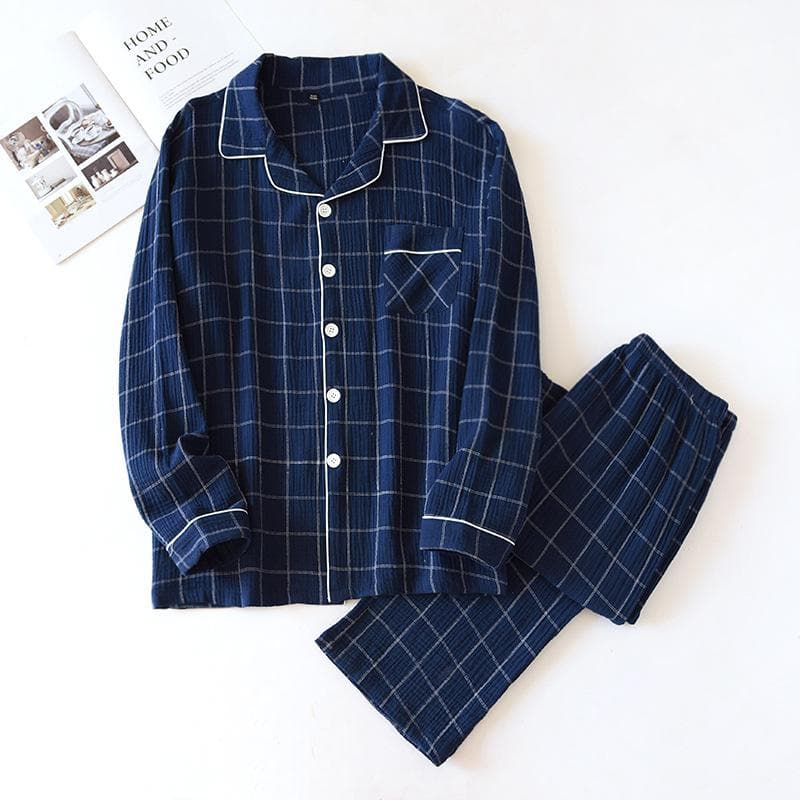 New Men's Plaid Home Service Suit 100% Cotton Crepe Cloth Pajamas Long-sleeved Trousers Simple Two-color Plus Size Home Service XL