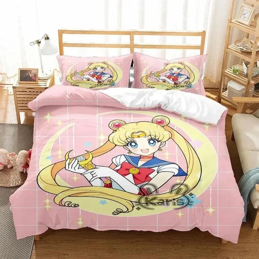 Anime S-Sailor & M-Moon Bedding Set,Duvet Cover Comforter Bed Set Quilt Cover Pillowcase,King Queen Twin Size Boys Girls Adults EU Double 200x200cm