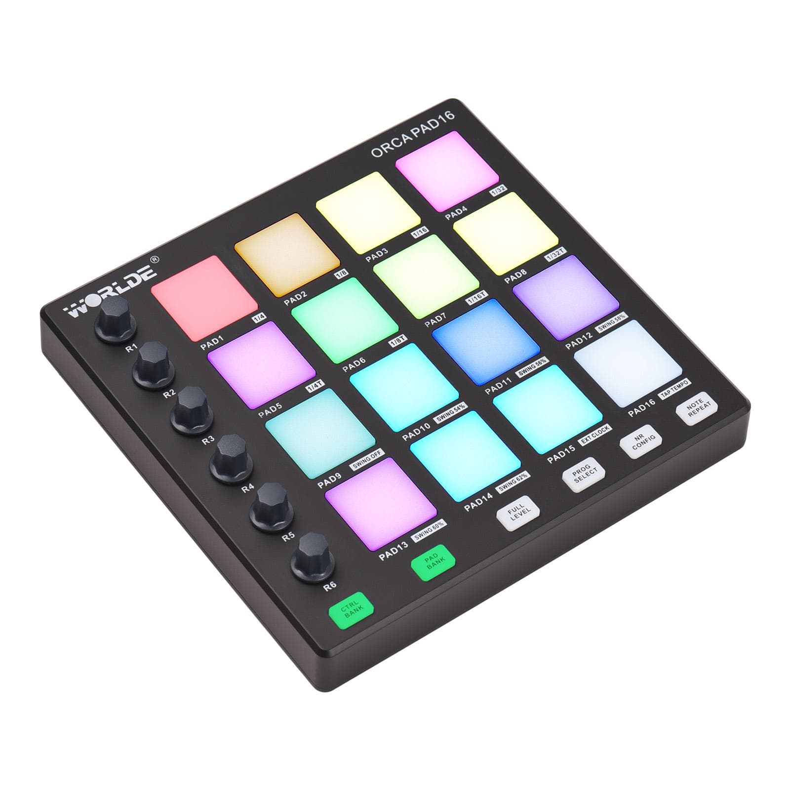 WORLDE MIDI Controller Beat Maker Machine 6 Assignable Knobs Note Repeat Full Level Buttons and black
