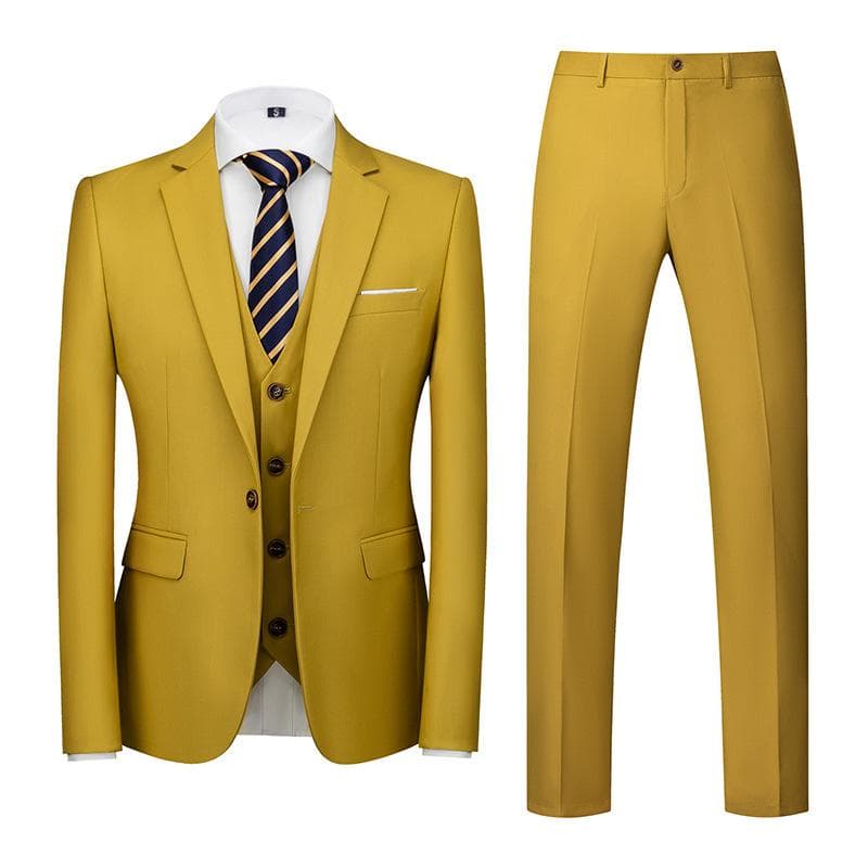 Formal Suit 3 Piece Set Suit for Men's Business Office Wedding Party Suit Blazer+Pant+Vest XXL earth yellow