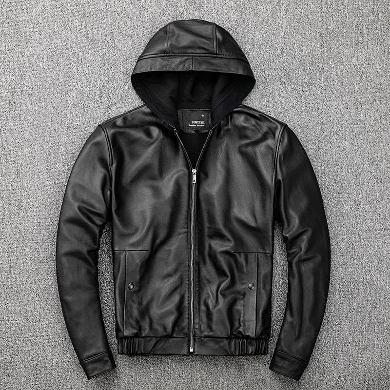 Spring New Style Sheepskin Leather Jacket Men's Simple Slim Leather Jacket with Youth Hood M black