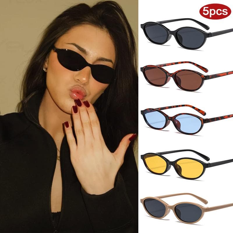 5pcs Fashion Small Frame Elliptical Sunglasses Women Colorful Lens UV400 Unisex Simple Design Sun Glasses