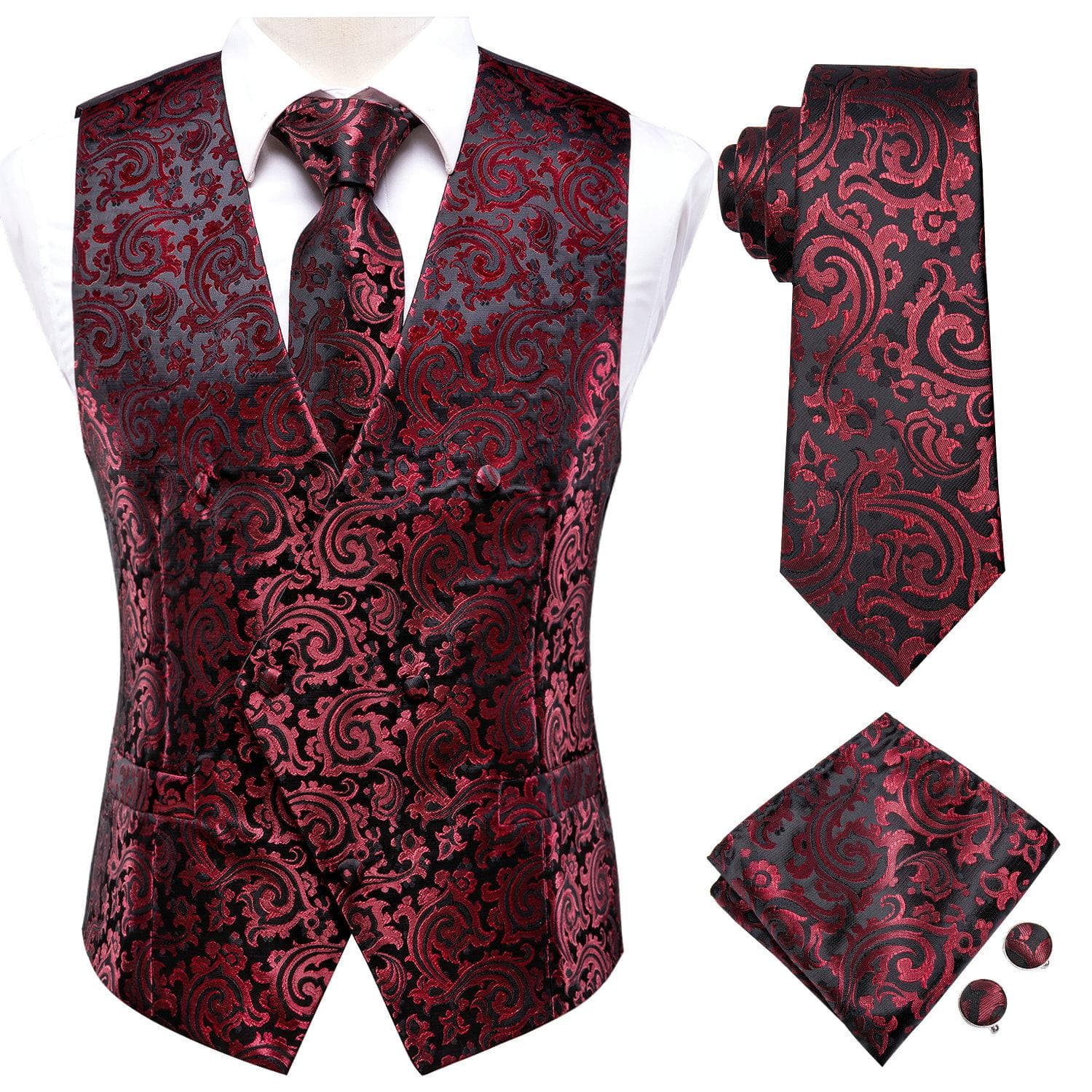 Fashion Mens Suit Vest Red Blue Paisley Waistcoat Tie Hanky Cufflinks Set for Wedding XXXL red