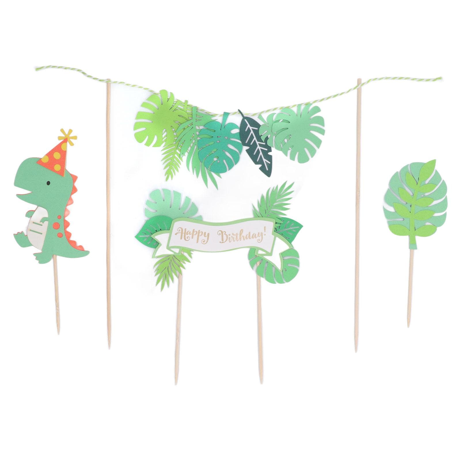 4 Set Dinosaur Cake Topper Green Dinosaur Palm Leaf Happy Birthday English Card Dinosaur Cake