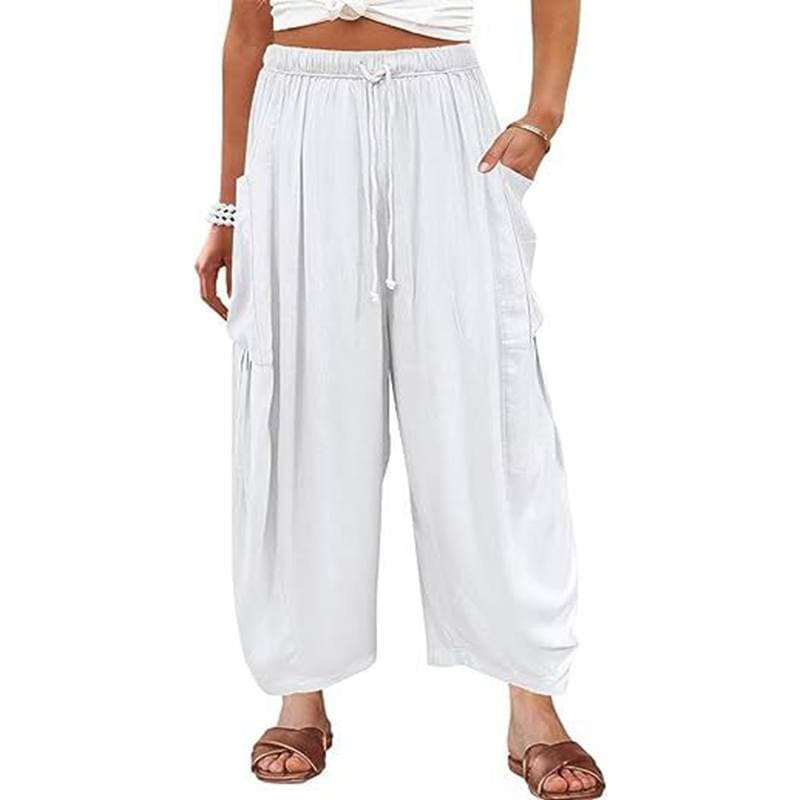 Summer Women's Casual Loose fold Pants Beach Wide Leg Elastic Waist Cotton Linen Flared Palazzo Pants S white