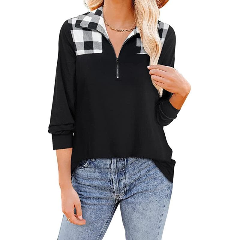 European and American Women's Autumn and Winter New V-neck Plaid Printing Stitching Zipper Lapel Long-sleeved Casual Fashion T-shirt L white