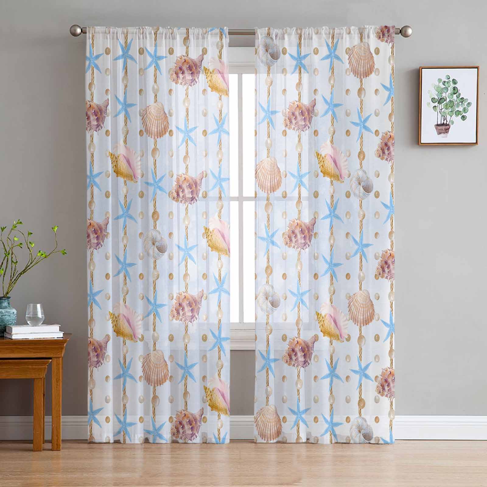 Watercolor Shell Texture Pearls Tulle Window Curtains for Bedroom Luxury Home Decor Drapes in Living Room Chiffon Panels 135W x 114H(cm)
