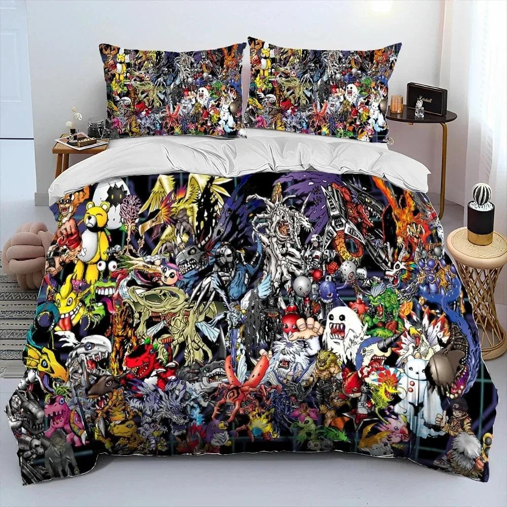 Anime Digimon Adventure Monster Bedding Set Duvet Cover Bed Set Quilt Cover Pillowcase Comforter king Queen Size Boys Adult AU King 240x210cm
