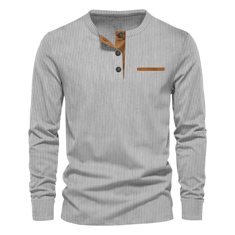 Spring new casual men's corduroy Henley shirt men's long-sleeved Slim T-shirt M light gray
