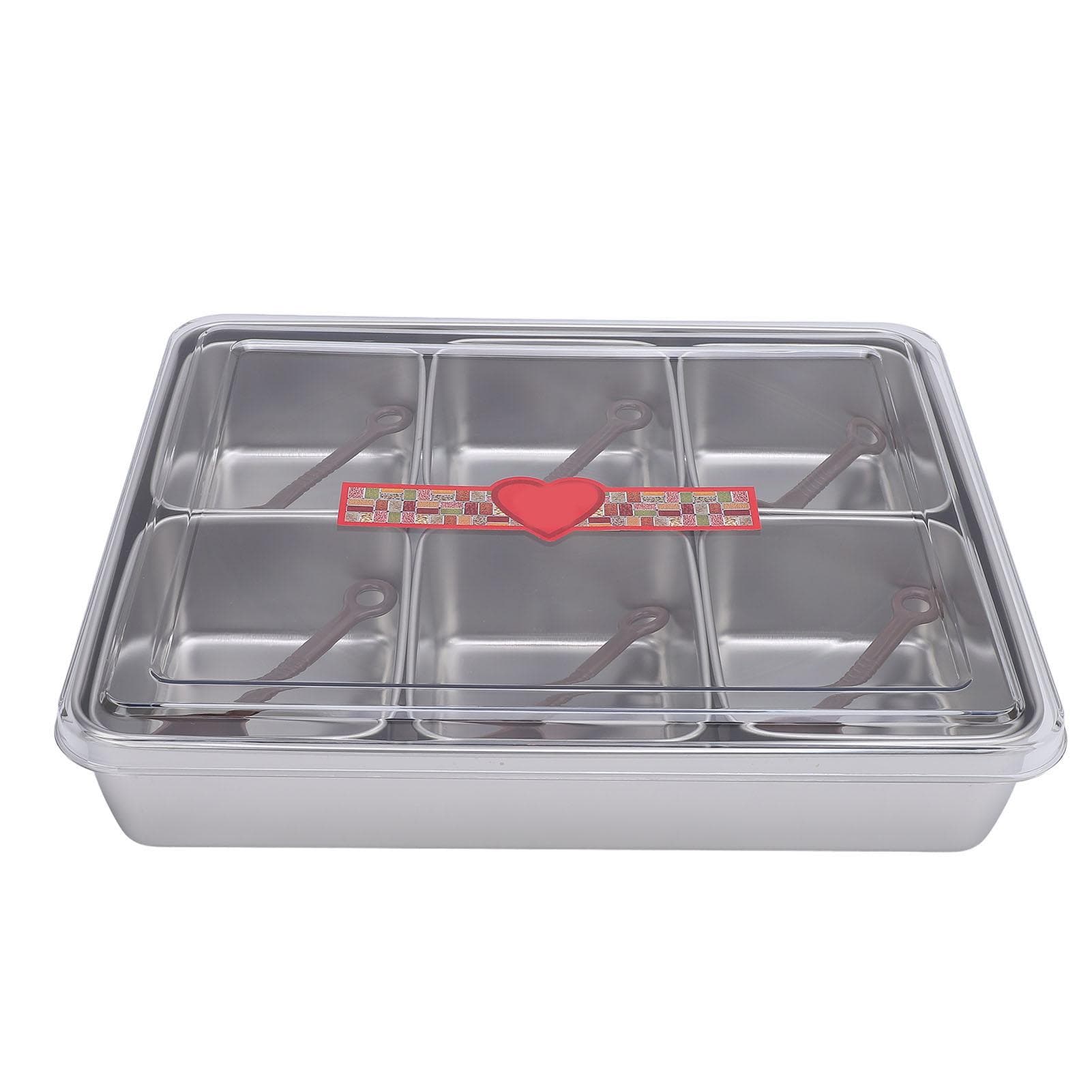 Divided Serving Tray with 6 Spoons 6 Compartments Large Capacity Divided Condiments Box for Fruit Stainless Steel Style