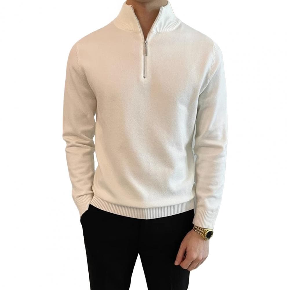 Fall Winter Men Sweater Zippered Half-high Collar Long Sleeves Top Retro Knitted Thick Warm Pure Color Pullover Stretchy Daily W M white