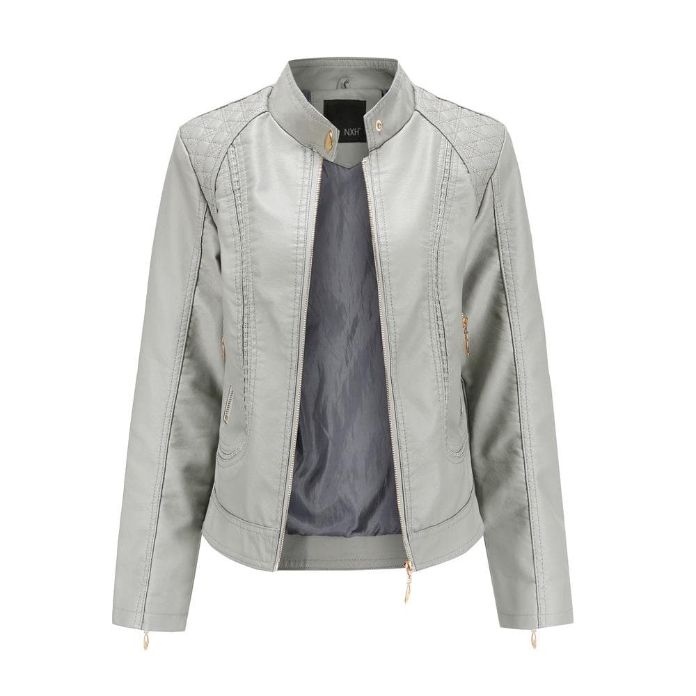 Women Autumn Winter Solid Color Stand Collar Long Sleeve PU Leather Jacket S-4XL L gray