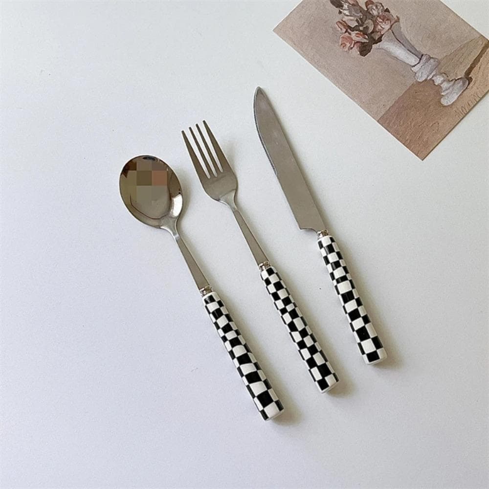 Ins Style Dessert Steak Stainless Steel Knife Fork Spoon Kitchen Dinnerware Checkerboard Lattice Glossy Ceramic Handle 3pcs/set white