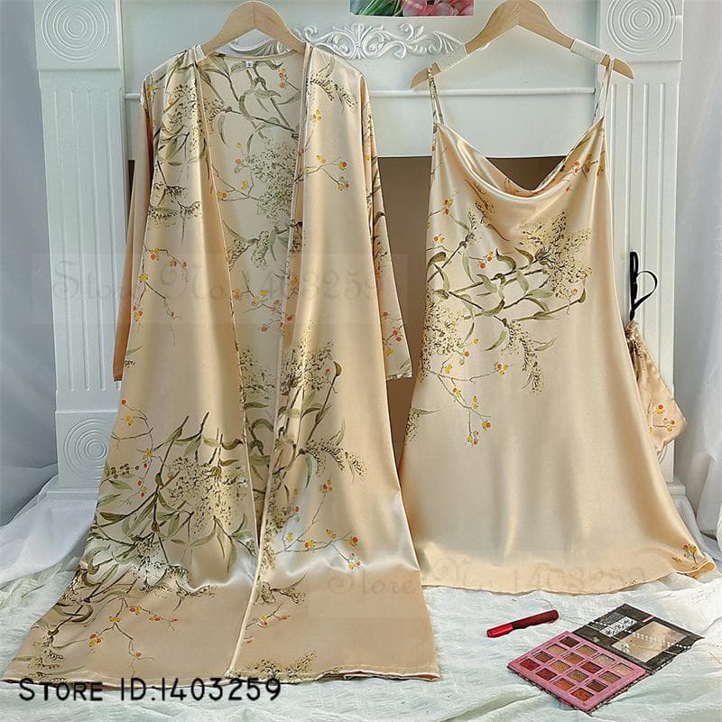 New Female 4PCS Pajamas Set Spring Summer Satin Sleepwear Intimate Lingerie Print Cherry Flower Nightgown Loose Home Clothes M