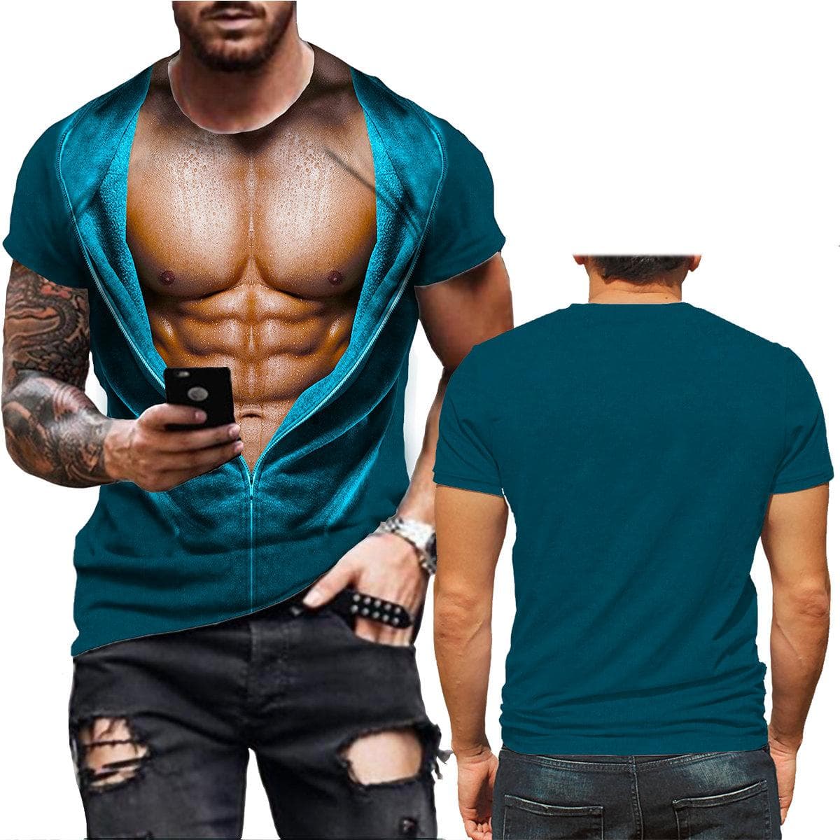 Summer New 3D Print T Shirt for Men Funny Muscle T-shirt Harajuku Fake SweatShirts Casual Loose Clothes Vintage Short Sleeve Tee XL