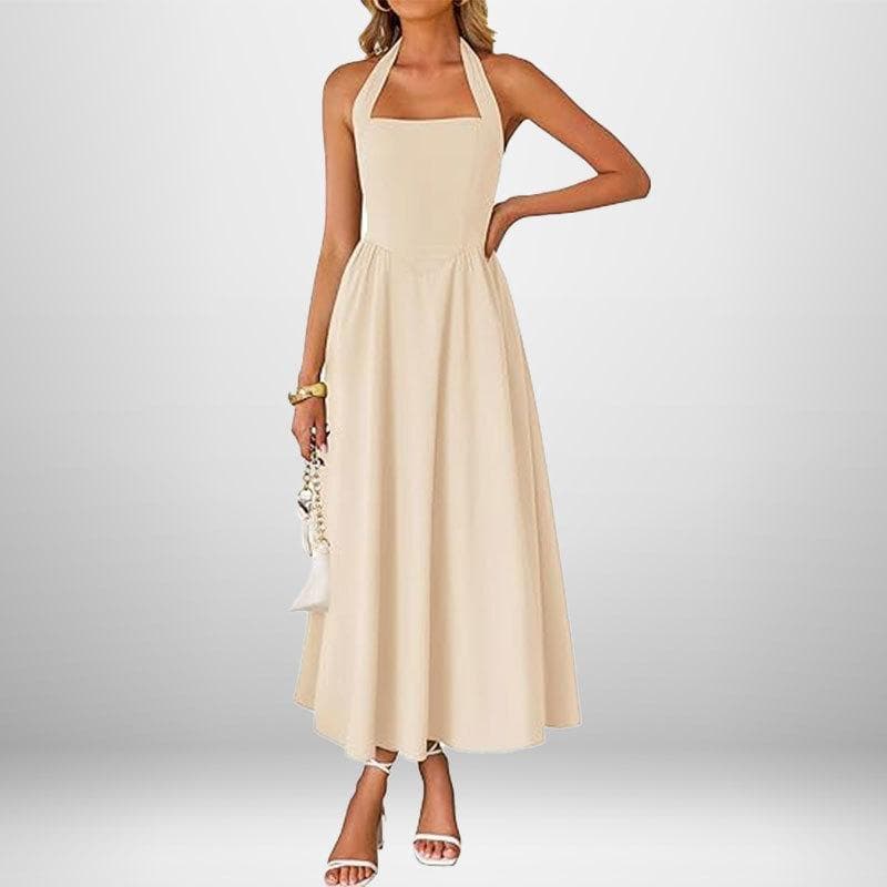 Spring New Women's Clothing Temperament Elegant Simple High Waist Neck Solid Color Dress 3XL apricot