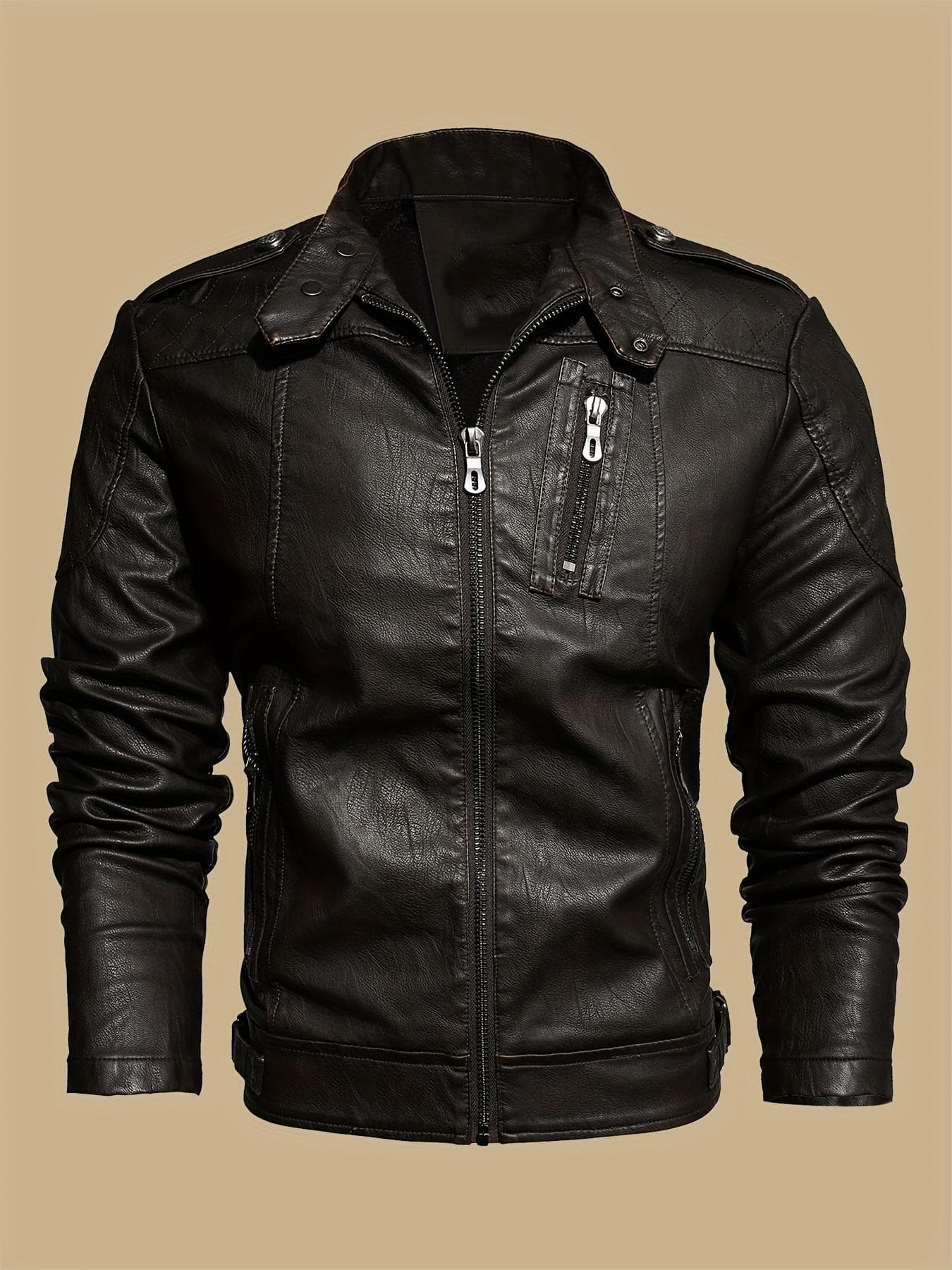 Men's Solid Color Stylish PU Leather Jacket - Chest Pocket Design Street Style Retro Classic Warm Motor Jacket - for Men - Suitable for Fall/Winter XXXXL