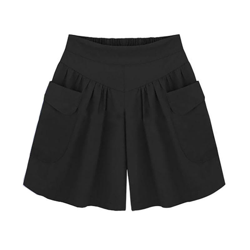 Women Fashion Summer Loose Casual Shorts Elastic Waist Beach Shorts Solid Color Breathable Wide Legs Pants XXXXXL black