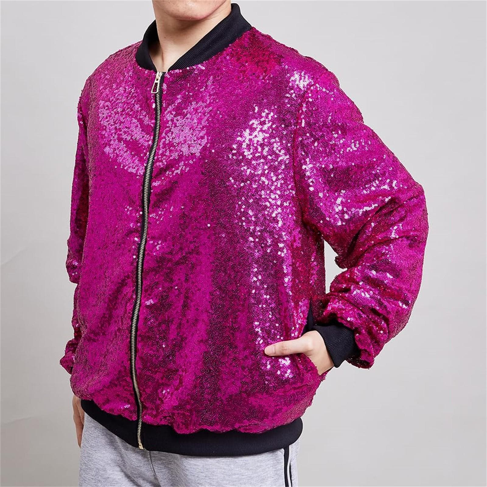 Men's Sequin Jacket Party Coat Festive Outfit Flip Sequin Concert Baseball Uniform M hot pink