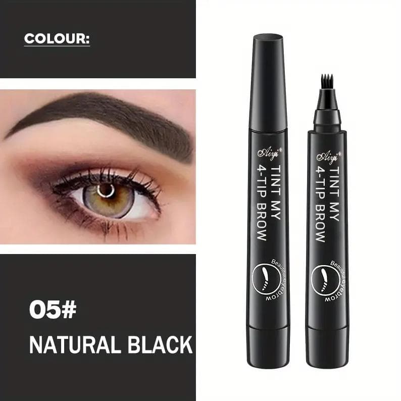 Waterproof 4 Point Liquid Eyebrow Pencil with 3D Long Lasting Eye Brow Brush - Natural Microblade Makeup Tools 1PC black