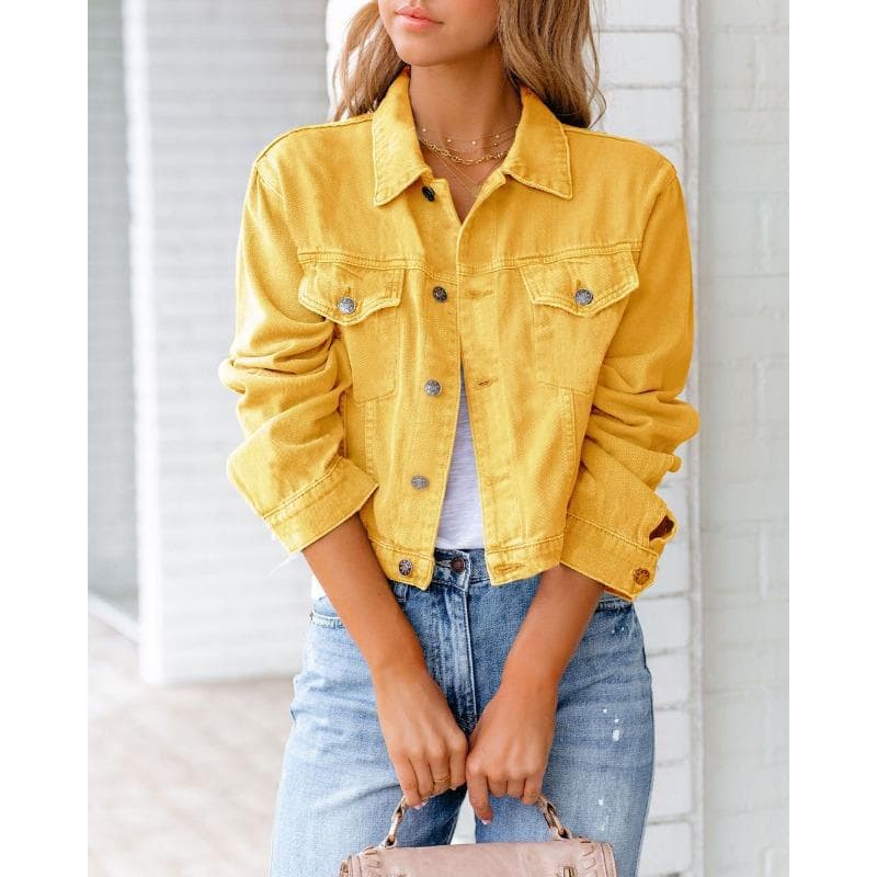 Spring and Autumn Women's Denim Jacket Long Sleeve Jacket Top S yellow
