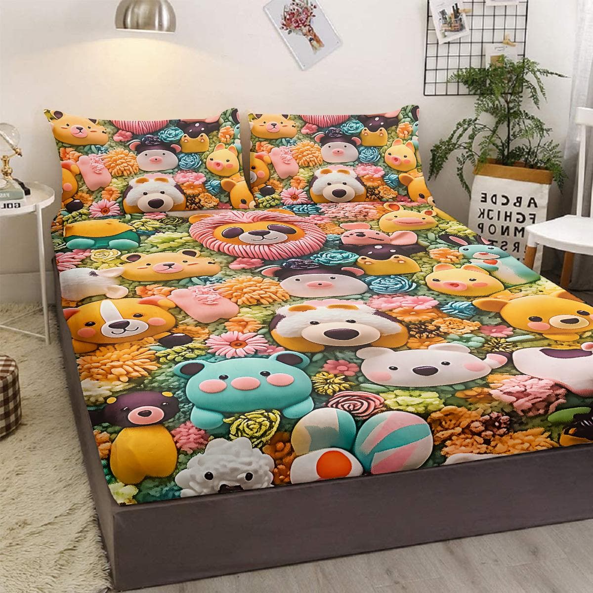 3-Piece Bed Set With Clay Animals, Colorful Warm Color With 2 Pillowcases, Suitable For Living Room And Bedroom (Animals, Gift) 99cmx199cm