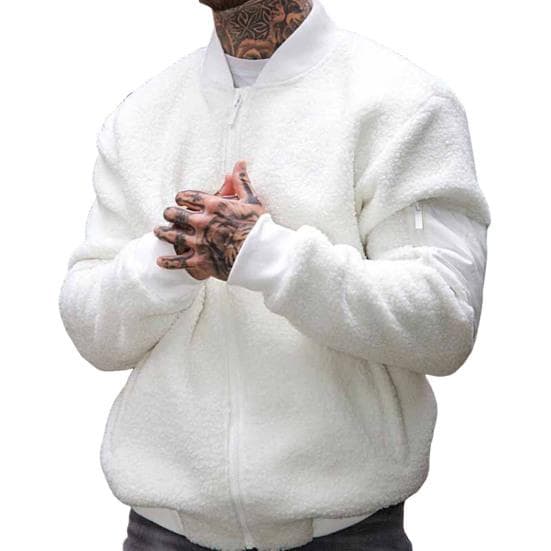 Yousheng Men Polar Fleece Jacket Long Sleeve Full Zipper Casual Coat with Pockets Autumn Winter Solid Color Outwear XXL white
