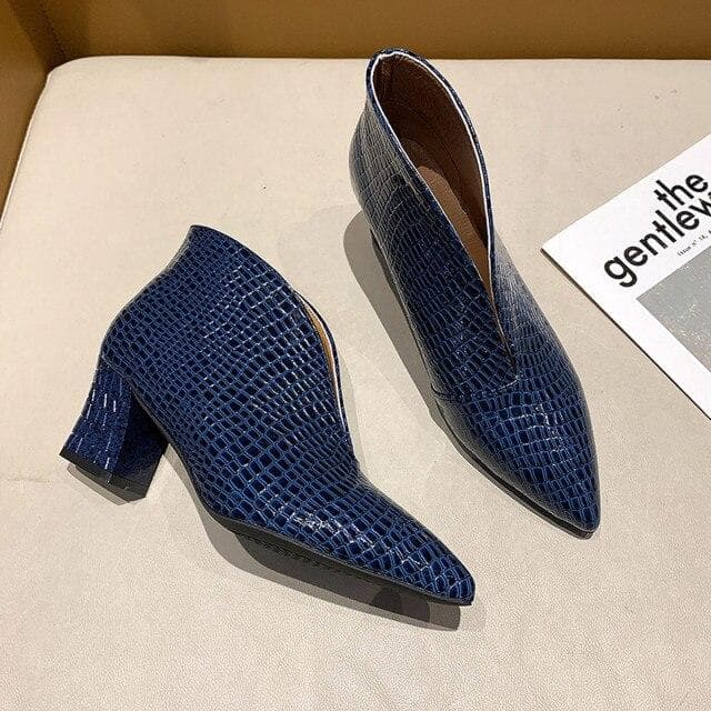 New Fahsion Chelsea Boots Women's Autumn Snake Pattern Short Boots V Cutout Pointed Thick Heel Boots Ladies Leather Botas Mujer 40 blue