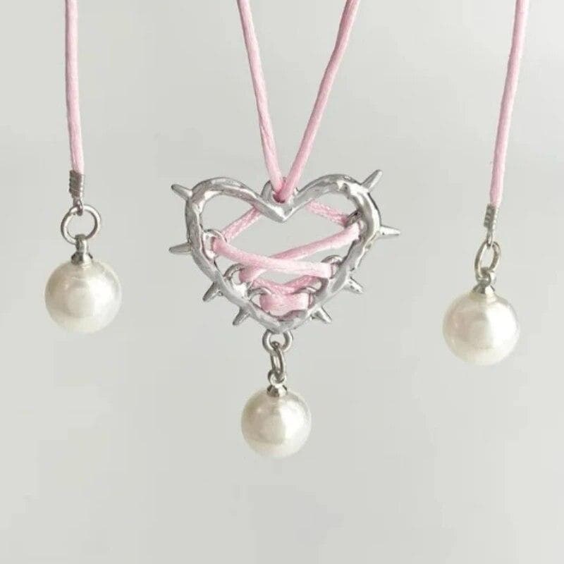 Exaggeration Elegant Pink Black Bow Tie Love Metal Heart Necklace Ribbon Simultion Pearl Pendant Necklace For Women Jewelry pink
