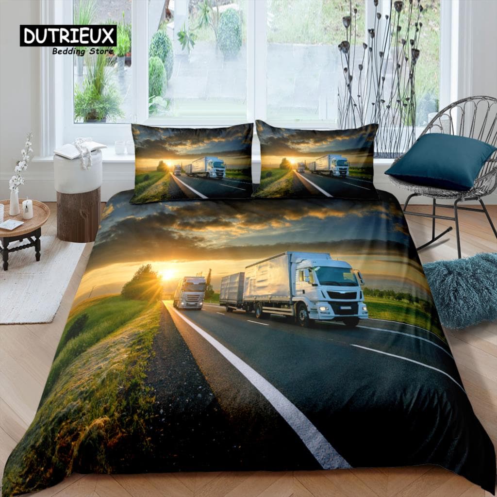 Home Living Luxury 3D Truck Bedding Set Red Lorry Duvet Cover Pillowcase Queen and King EU/US/AU/UK Size Comforter Bedding 150x200cm 3pcs