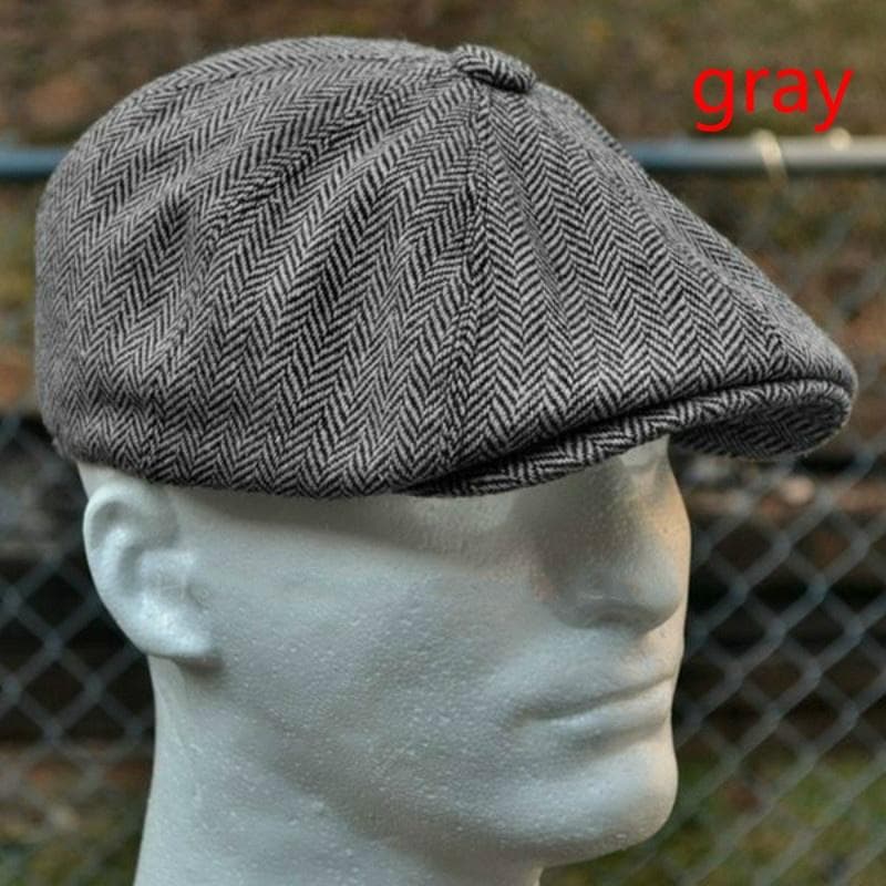 Unisex Casual Beret Wool Blend Striped Gentleman Flat Top Newsboy Hat Outdoor Sports Sunscreen Hat L grey