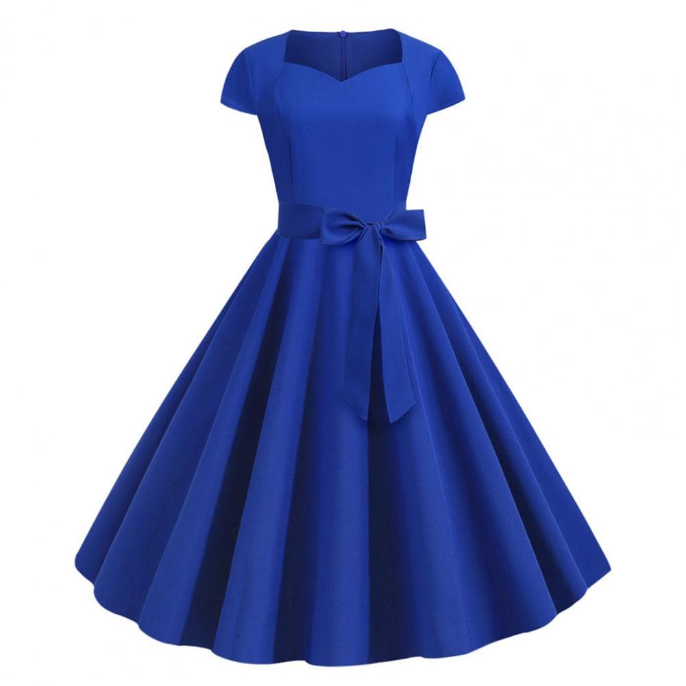 Women Dress V Neck Belted Bow Decor A-line Big Swing Tight High Waist Solid Color Retro Short Sleeve Princess Style Lady Midi Dr M royal blue