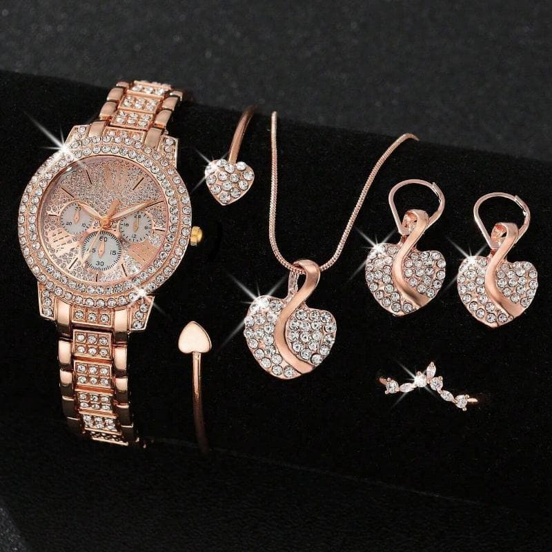 6 Pcs/Set Women's Watches, Luxury Rhinestone Quartz Watch, Roman Fashion Analog Watch and Jewelry Set, Gift for Mom and Her