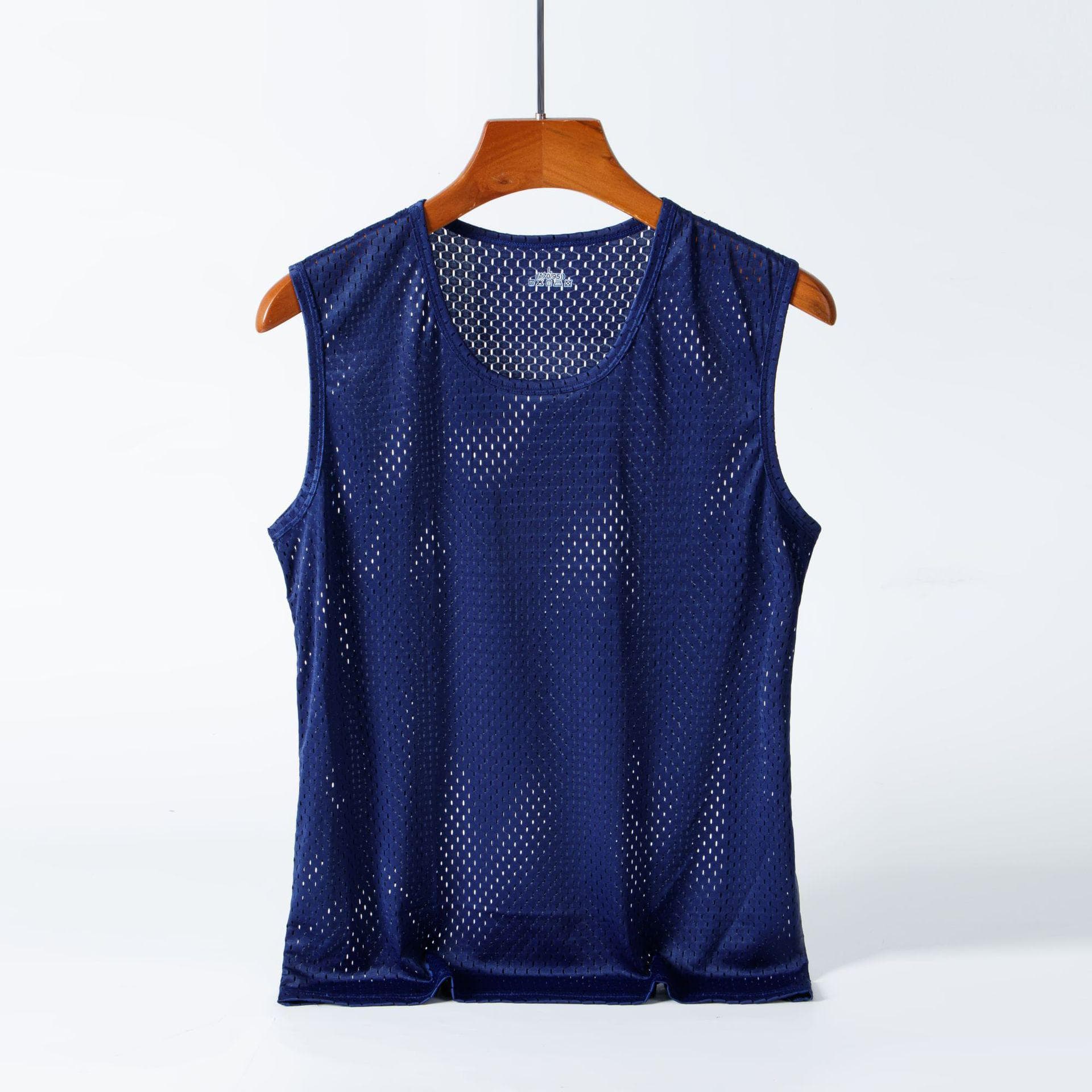 Men's Ice Silk Mesh Sleeveless Vest - Sweat-Absorbent, Loose Fit Fitness Shirt 5XL dark blue