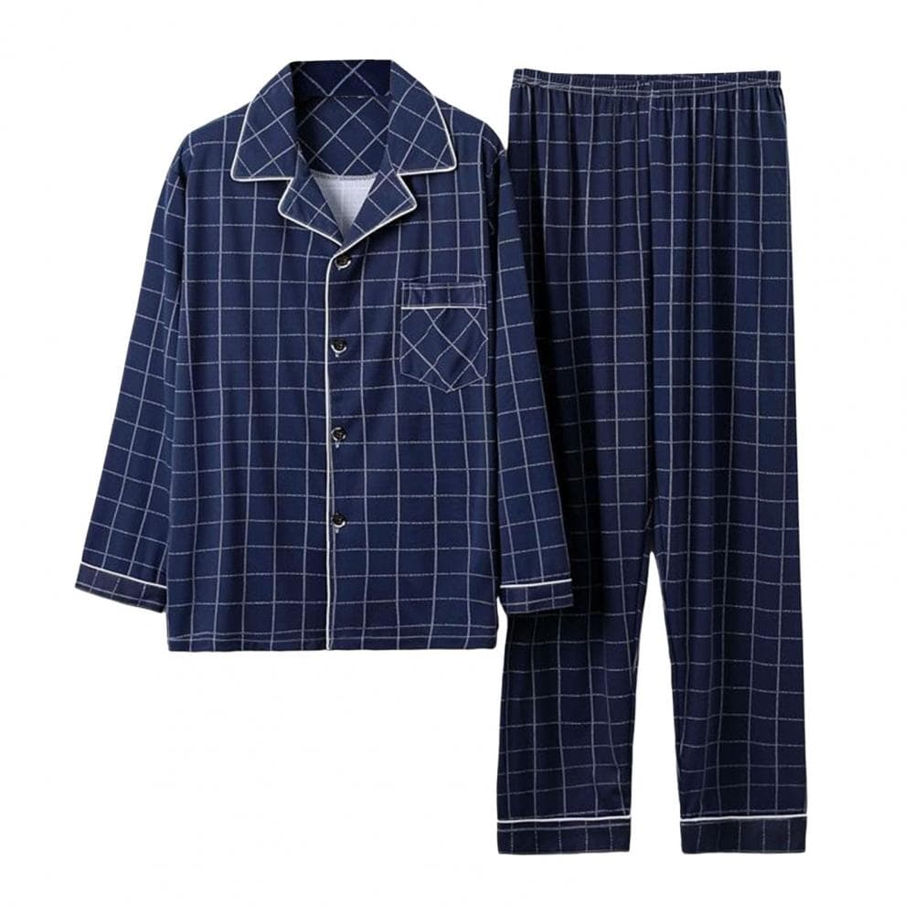 2Pcs/Set Men Pajamas Set Plaid Print Lapel Long Sleeve Single Breasted Shirt Elastic Waist Long Pants Set Loose Fit Loungewear S L dark blue