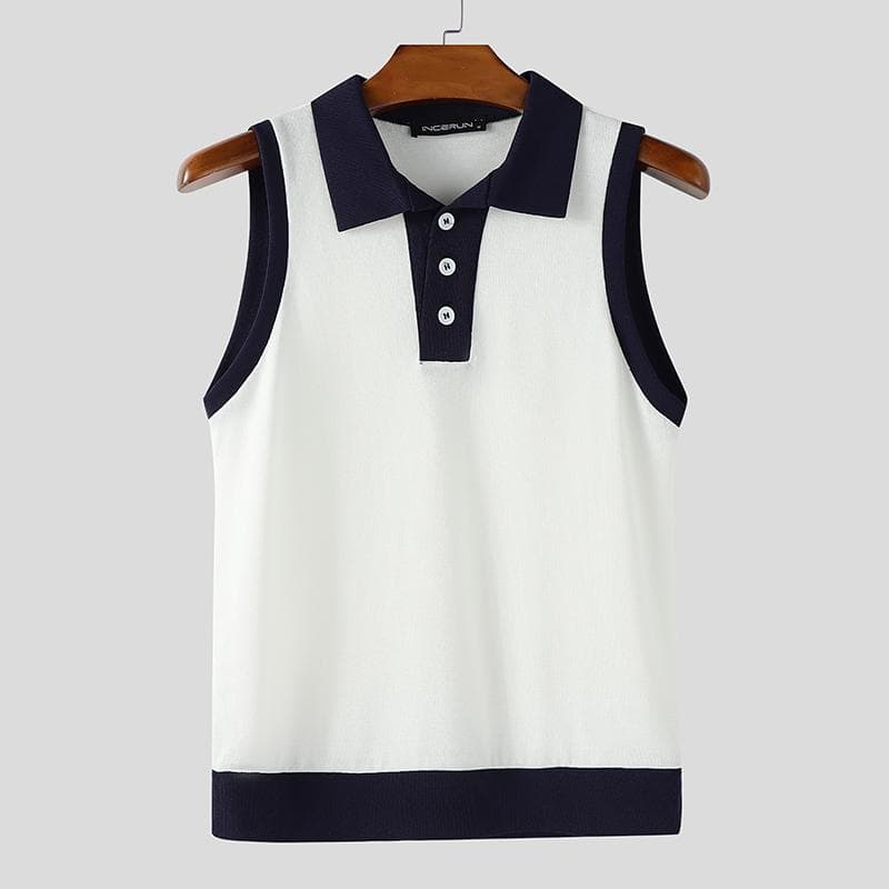 INCERUN Summer Men Lapel Sleeveless Stitching Casual Thin Fitted Tank Tops L blue
