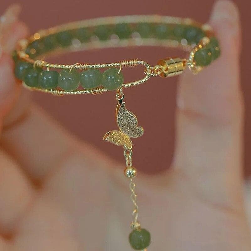 Fashion New Green Glass Beads Pearl Bracelet Magnetic Butterfly Imitation Natural Hotan Jade Bracelet Women Girls Jewelry green