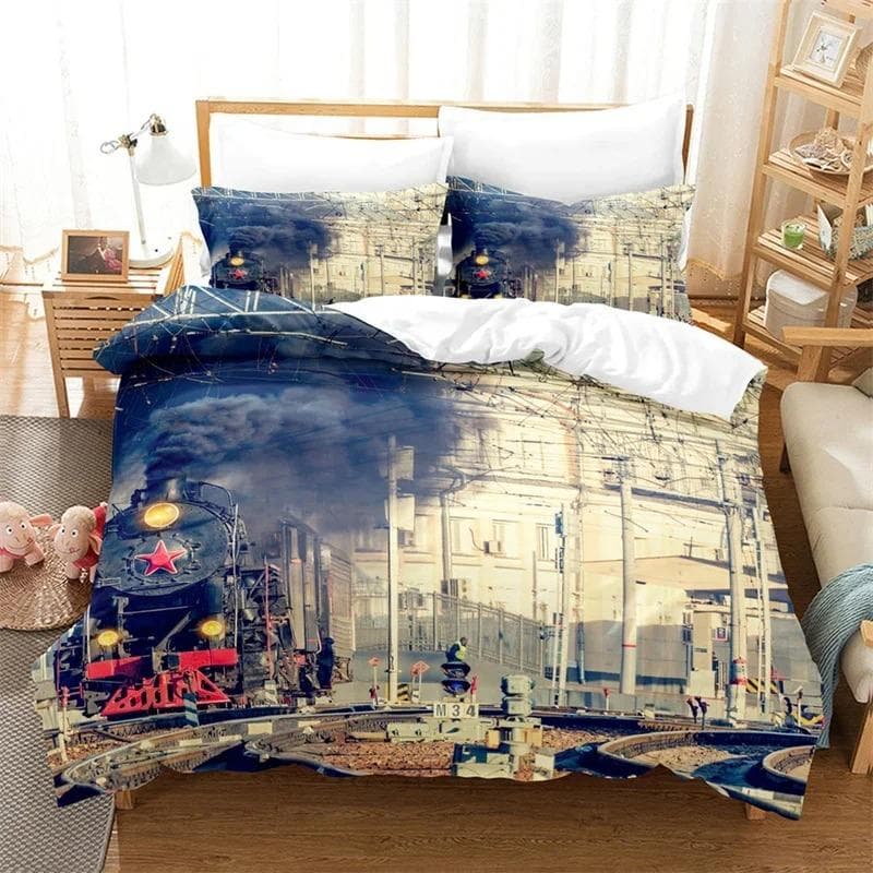Train Duvet Cover Full Size Boys Steam Engine Bedding Set Microfiber 3D Rail Vehicles Comforter Cover For Kids Teens Room Decor AU Single 140x210cm