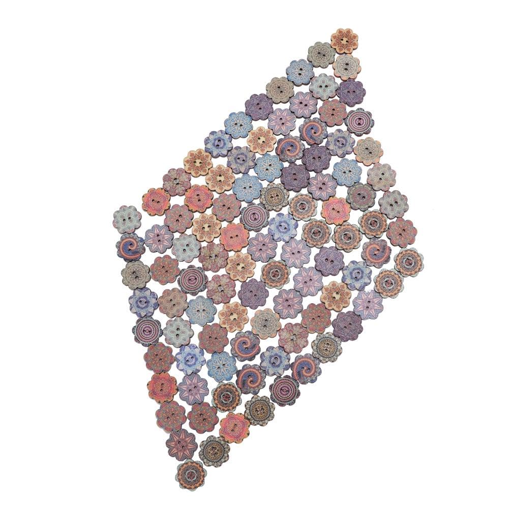 100Pcs 20mm Retro Style Beautiful Pattern Flower Shaped Wooden Button for DIY Craft