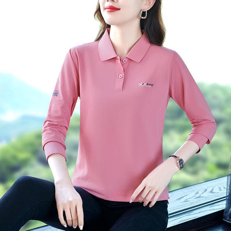 Long-sleeved T-shirt for Women Thin Style Mother Autumn Ice Silk Top Middle-aged Women Lapel T-shirt Polo Shirt 5XL