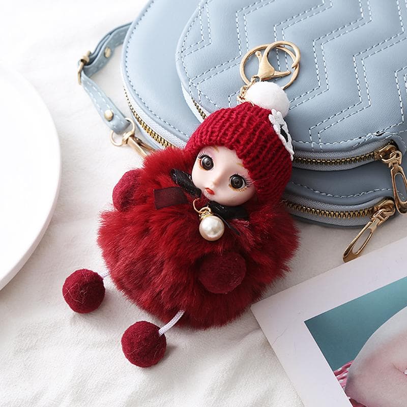 Cute Plush Keychain Imitation Rex Rabbit Fur Ball Keyring Big Eye Doll Pendant Car Bag Charm wine red