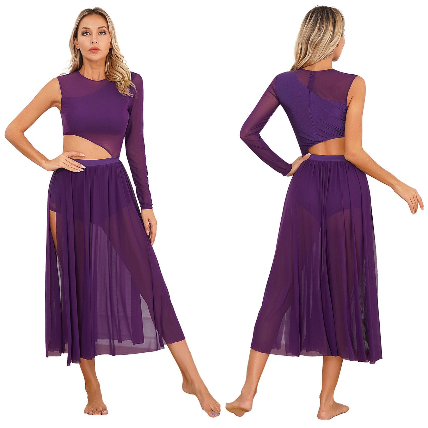 Women Lyrical Dance Costumes Sleeveless Mesh Tulle Flowy Maxi Long Dress Modern Contemporary Dancewear XXL purple
