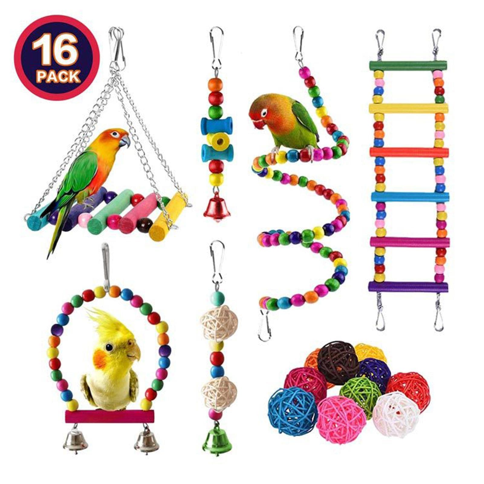 16 Packs Toy Set for Parrots Variety of Toys for Bird Cage Accessories Safe and Durable Bird Toys 16